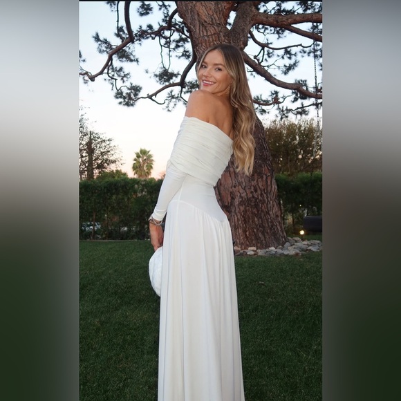 Off Shoulder Ruched Midi Dress in Ivory - Picture 6 of 10